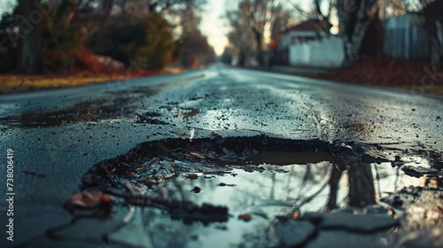 A section of road in a populated area with a pothole is ideal for articles relating to road repairs, traffic accidents or the need to improve road infrastructure.