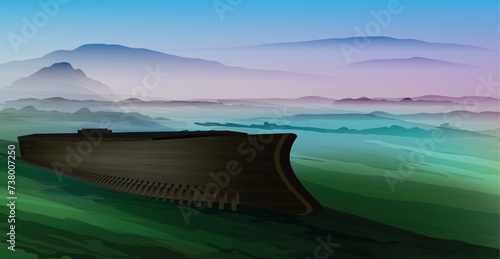 Ark of Noah. Great Flood. Ararat mountains. Biblical vector illustration.