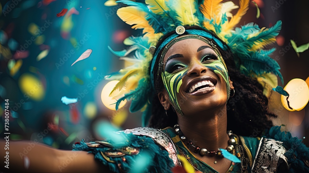 Brazilian Carnival with female dancer in a vibrant carnival costume, celebrating the colorful energy and joy