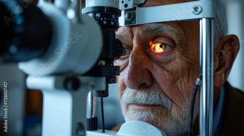 An optometrist adjusts the lenses on a large machine while a senior man looks through the eyepiece his eyesight being evaluated for any changes or concerns.