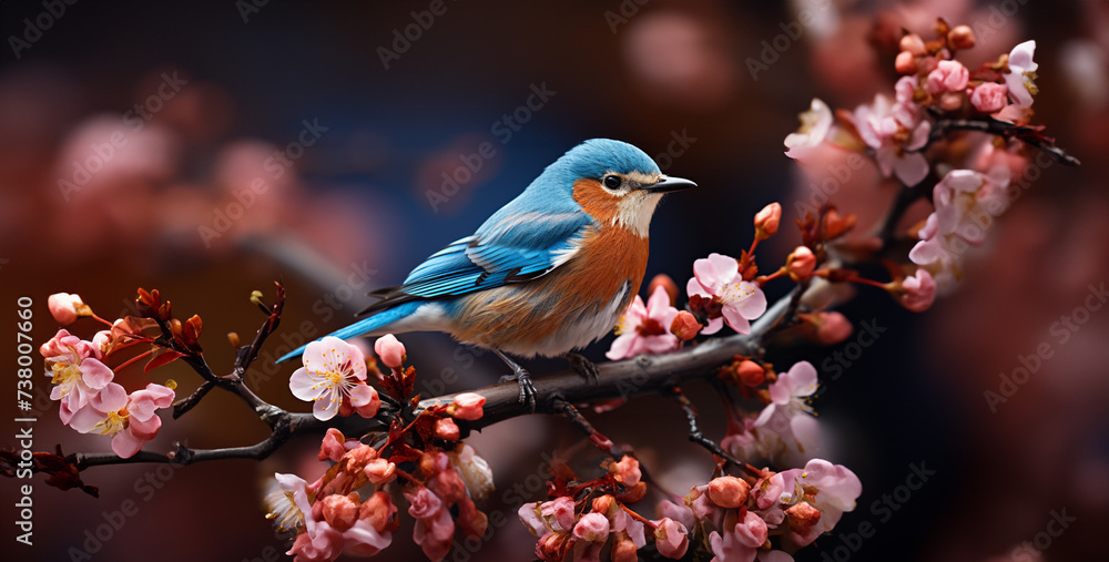 bird on a branch, Beautiful Bluebird Singing Highlight the melodious song of a bluebird as it perches on a blossoming branch, its vibrant blue plumage and cheerful demeanor brightening up even the dre