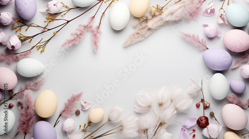 Minimalistyczne jasne tło na życzenia Wielkanocne. Alleluja - Wesołych świąt Wielkiej Nocy. Jajka, kwiaty i inne wiosenne dekoracje. © yeseyes9