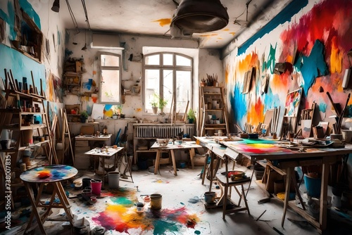 an artistic studio with colorful paints, artistic chaos, and an atmosphere of creativity.