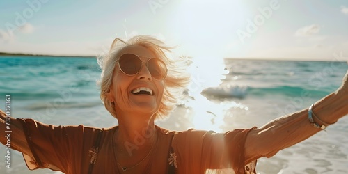 Elderly woman exudes happiness as she embraces the peacefulness of the coast under the warm sun. Concept Coastal Serenity, Elderly Happiness, Warm Sun, Peaceful Bliss