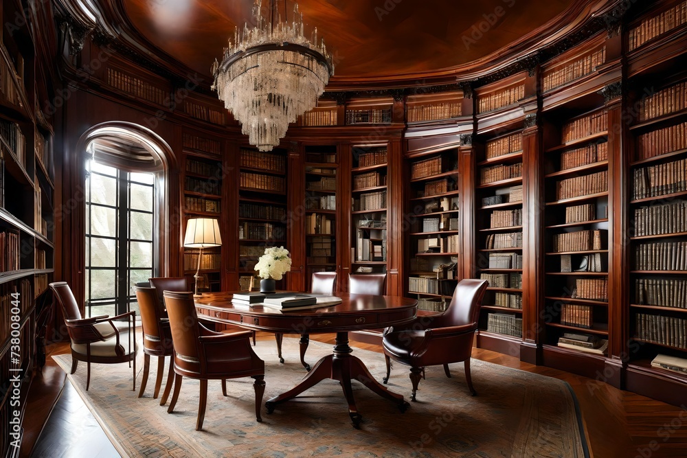 an elegant, classical library with rich mahogany shelves, leather-bound books, and the aura of sophistication.