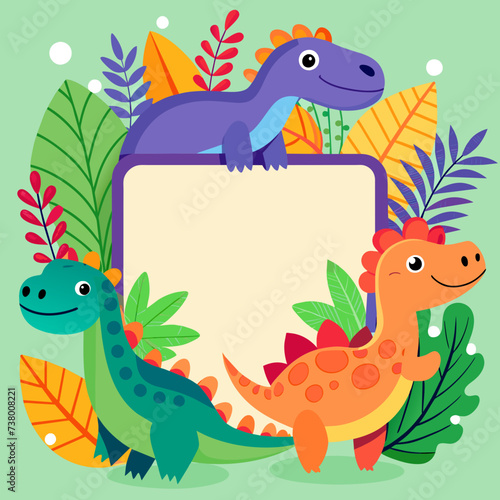 Three dinosaurs around an empty frame for a photo or notes. Cartoon vector children s illustration