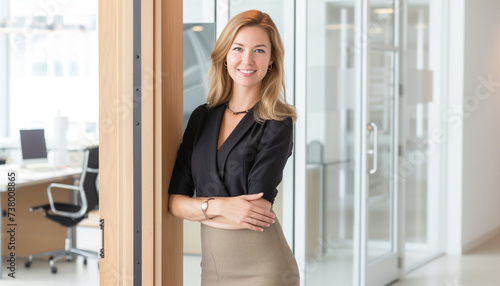 Confident Professional Woman in Business Attire Poses in a Bright Corporate Office Environment