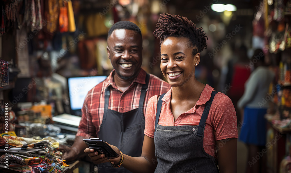 n African shopkeeper radiates warmth as she hands an EFTPOS machine, bridging worlds with every transaction. 