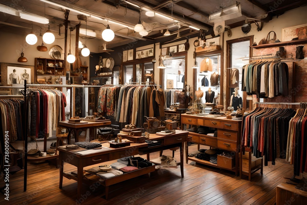 a vintage boutique with retro clothing racks, unique accessories, and a classic appeal.