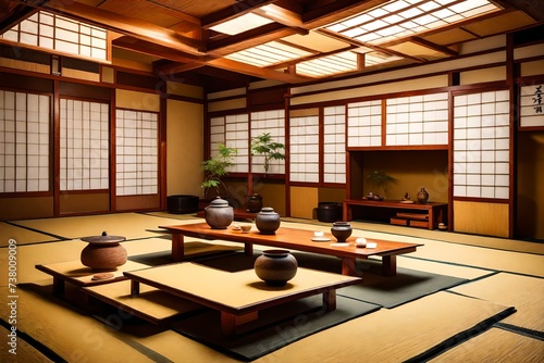 Japanese tea room with tatami mats, low tables, and the essence of Zen