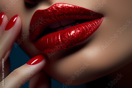 Close up of female lips with red lipstick and nails with red manicure photo