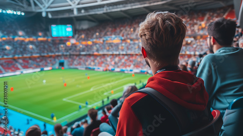 Rear view of a young man in a red hoodie watching a football match on a stadium
