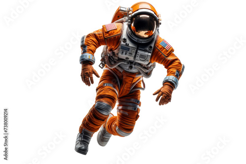 Astronaut in Orange Spacesuit Soaring Through the Air. An astronaut in an orange spacesuit is soaring through the air, defying gravity and displaying the marvels of space exploration.