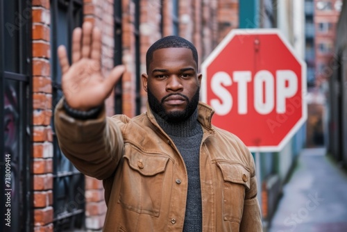 Black man extending his hand making a stop sign.