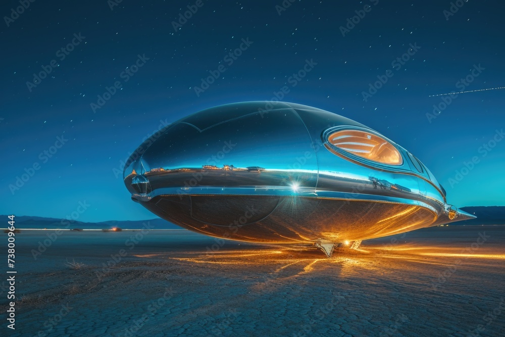 Chrome alien spaceship in the desert at night, fantasy and fiction concept. Chrome alien spaceship in the desert at night, fantasy and fiction concept.