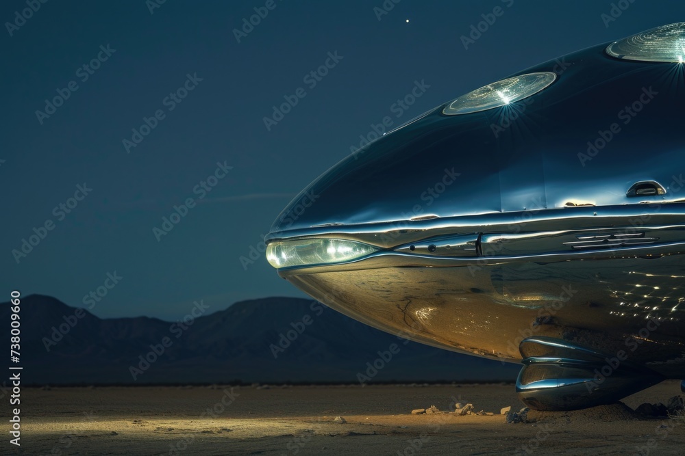 Chrome alien spaceship in the desert at night, fantasy and fiction concept. Chrome alien spaceship in the desert at night, fantasy and fiction concept.