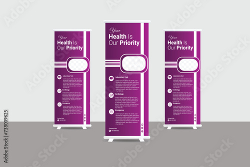 Modern healthcare and medical roll up design for hospital doctor clinic dental. standing banner template decoration for exhibition, printing, presentation, elegant layout.