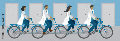 Health care people on tandem bicycles in a corridore. Vector illustration.