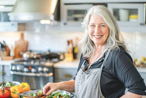 Beautiful mature woman at home smiling preparing lunch in a modern kitchen. Senior woman in the kitchen cooking. Healthy food and senior people concept. 