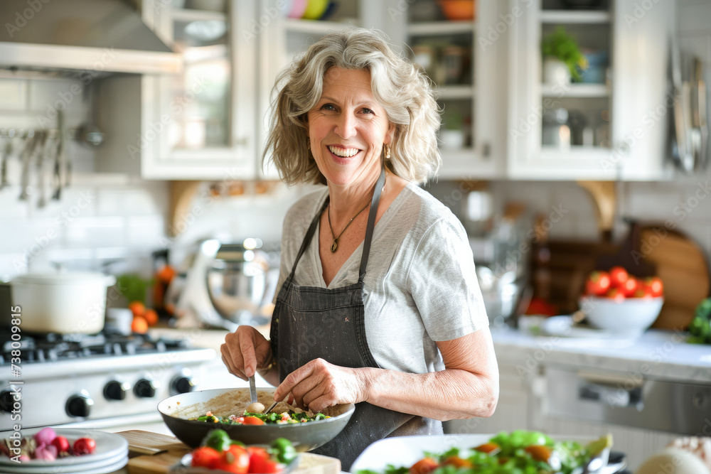 Beautiful mature woman at home smiling preparing lunch in a modern kitchen. Senior woman in the kitchen cooking. Healthy food and senior people concept. Beautiful mature woman at home smiling preparing lunch in a modern kitchen. Senior woman in the kitchen cooking. Healthy food and senior people concept.