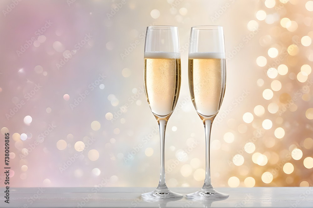 Two champagne glasses, translucent crystal reflecting a gentle bokeh effect from a minimalist background with soft pastel hues. Generative AI Two champagne glasses, translucent crystal reflecting a gentle bokeh effect from a minimalist background with soft pastel hues. Generative AI