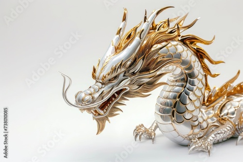Dragon head emblem made of silver with gold ornaments, white background. © Deivison