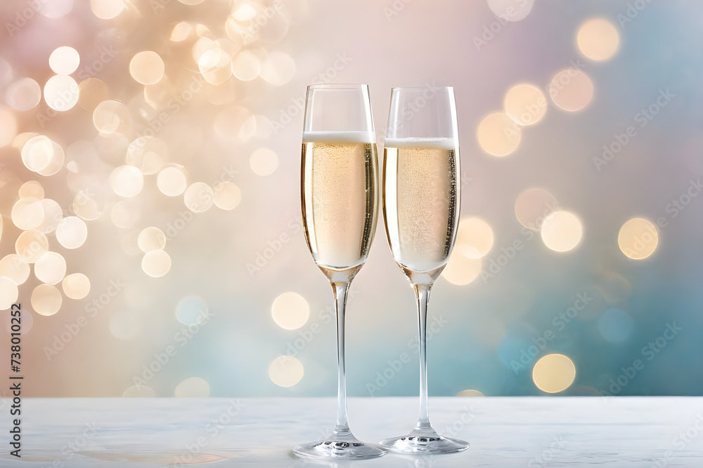 Two champagne glasses, translucent crystal reflecting a gentle bokeh effect from a minimalist background with soft pastel hues. Generative AI