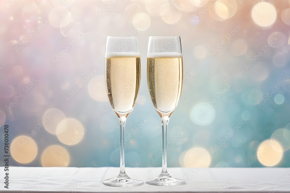 Two champagne glasses, translucent crystal reflecting a gentle bokeh effect from a minimalist background with soft pastel hues. Generative AI Two champagne glasses, translucent crystal reflecting a gentle bokeh effect from a minimalist background with soft pastel hues. Generative AI