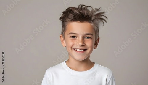mockup young boy smiling with blank white t-shirt , modern hair on a neutral background, studio shot created with generative ai