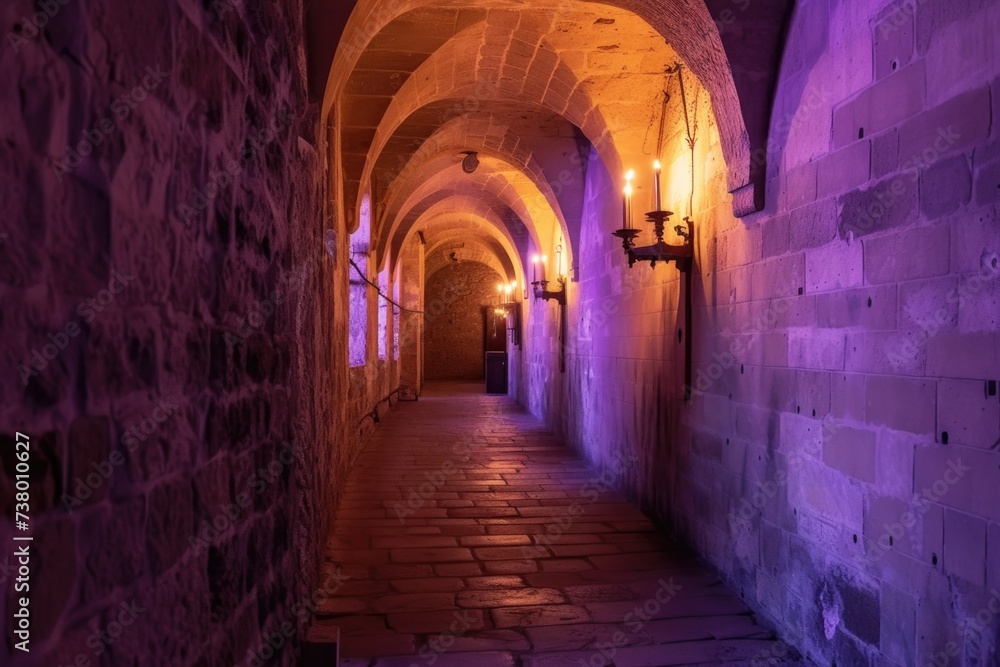 Large corridor of a medieval castle with torch with purple lights, fantasy concept.