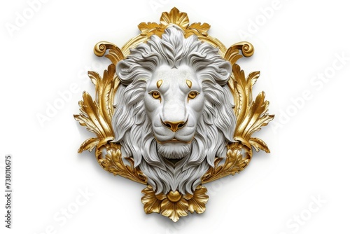 Lion head emblem made of silver with gold ornaments  logo  white background.