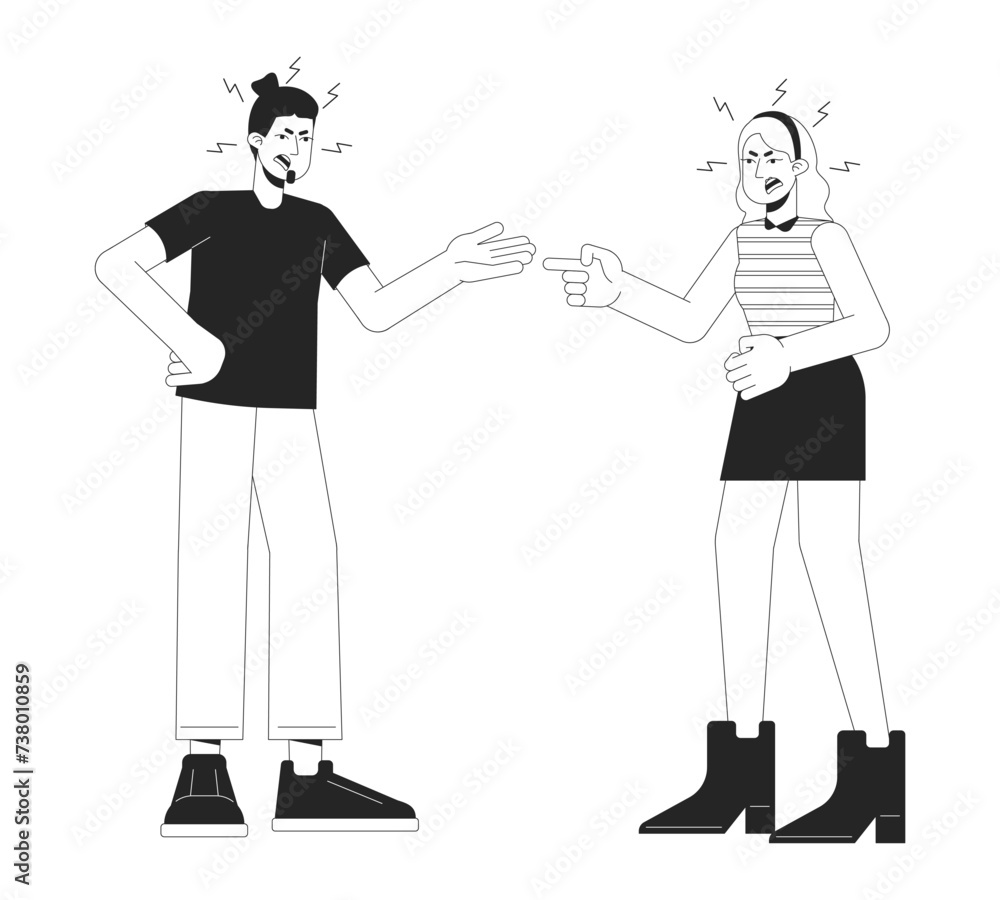 Caucasian couple quarrel black and white cartoon flat illustration. Relationship difficulties 2D lineart characters isolated. Emotional expressing, body language monochrome scene vector outline image Caucasian couple quarrel black and white cartoon flat illustration. Relationship difficulties 2D lineart characters isolated. Emotional expressing, body language monochrome scene vector outline image