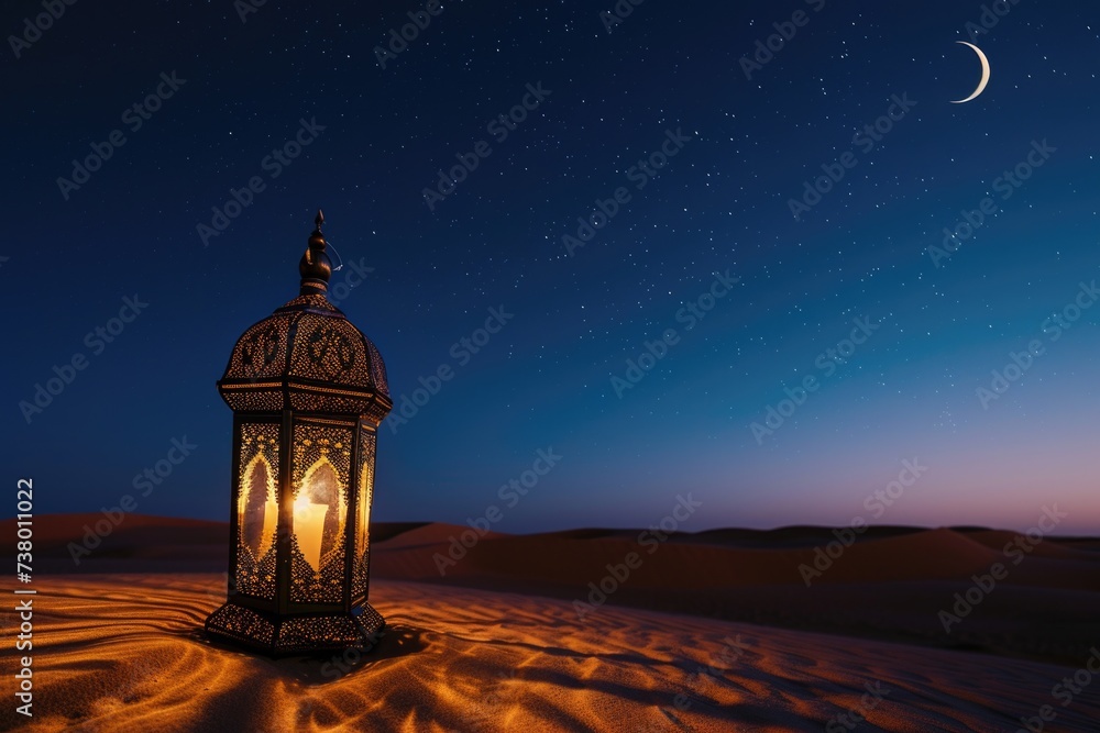 Moroccan lantern for Ramadan on the desert sand, sky with stars at night, Ramadan holiday. Moroccan lantern for Ramadan on the desert sand, sky with stars at night, Ramadan holiday.