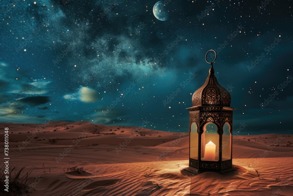 Moroccan lantern for Ramadan on the desert sand, sky with stars at night, Ramadan holiday.