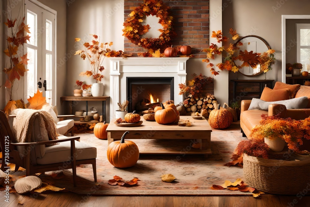 an autumn-themed living room with a cozy fireplace, fall decor, and a warm, inviting setting.