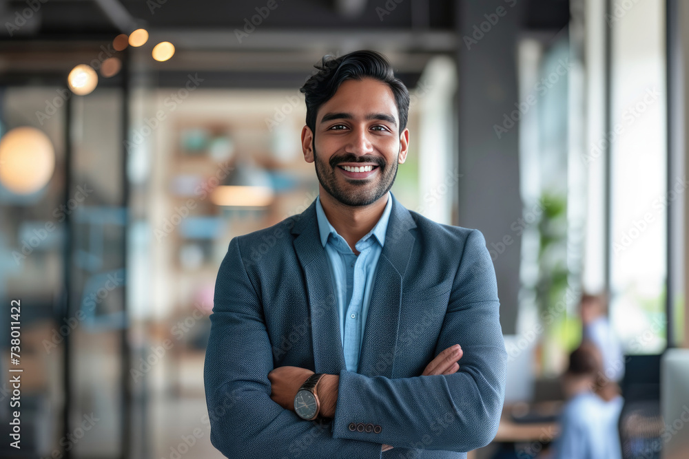Cheerful Indian businessman with a bright smile in a modern workplace Cheerful Indian businessman with a bright smile in a modern workplace