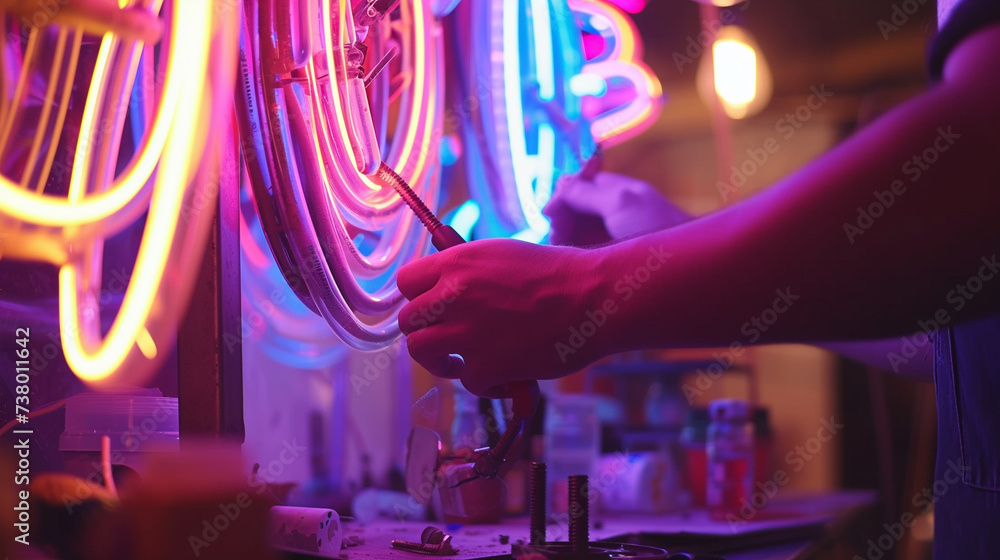 A neon sign artist meticulously bending tubes into intricate shapes - obrazy, fototapety, plakaty 