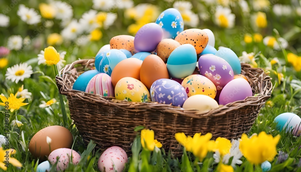 Nest with easter eggs in grass. Happy Easter background