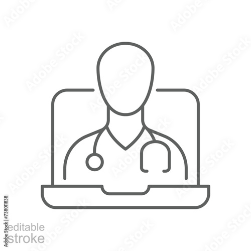 Telemedicine icon. Simple outline style. Telehealth virtual visit, video visit with male doctor on laptop computer, healthcare concept. Thin line symbol. Vector illustration isolated. Editable stroke.