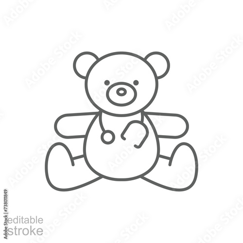Toy medical icon. Simple outline style. Health, hospital, kid, medicine, bear with stethoscope concept. Thin line symbol. Vector illustration isolated. Editable stroke.