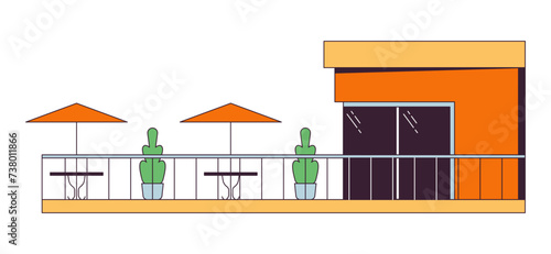 Modern cafe balcony 2D linear cartoon object. Contemporary restaurant patio isolated line vector element white background. Glass window building terrace tables umbrellas color flat spot illustration