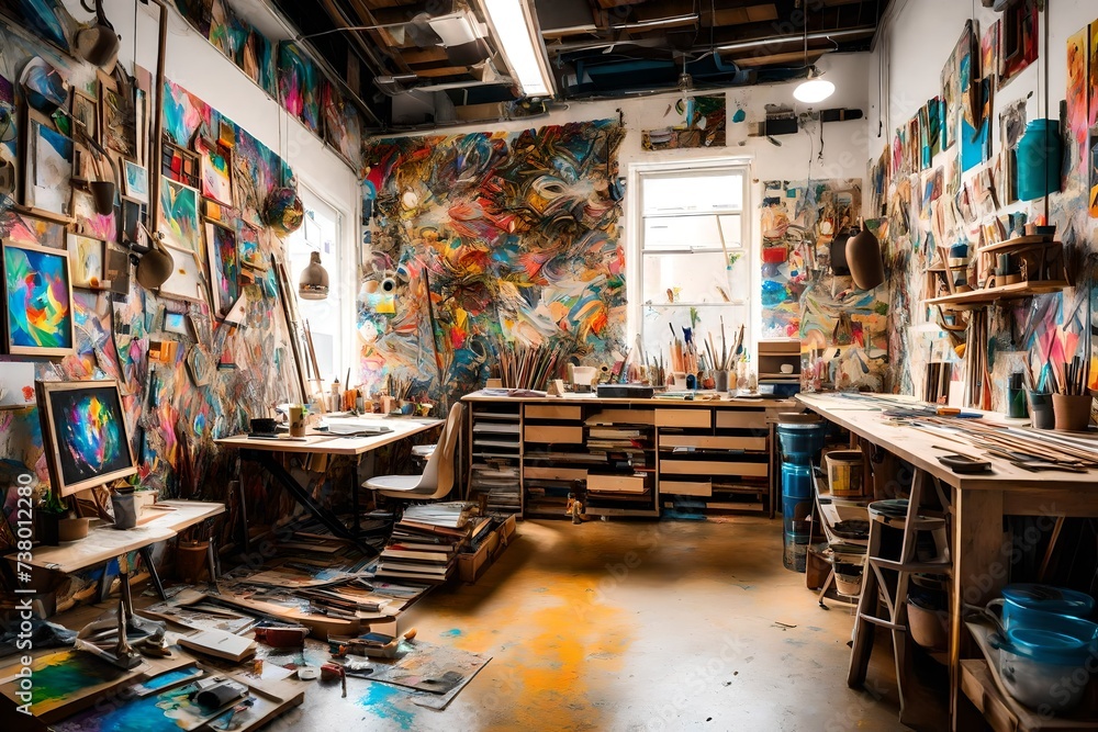 an urban art studio with vibrant supplies, a wall of inspiration, and an artist's creative.