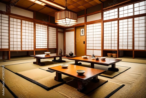 Japanese tea room with tatami mats, low tables, and the essence of Zen