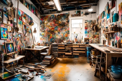 an urban art studio with vibrant supplies, a wall of inspiration, and an artist's creative. © Muhammad