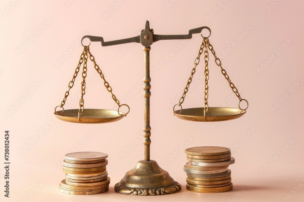 Scales with coins, finance and investment concept, beige background. Scales with coins, finance and investment concept, beige background.