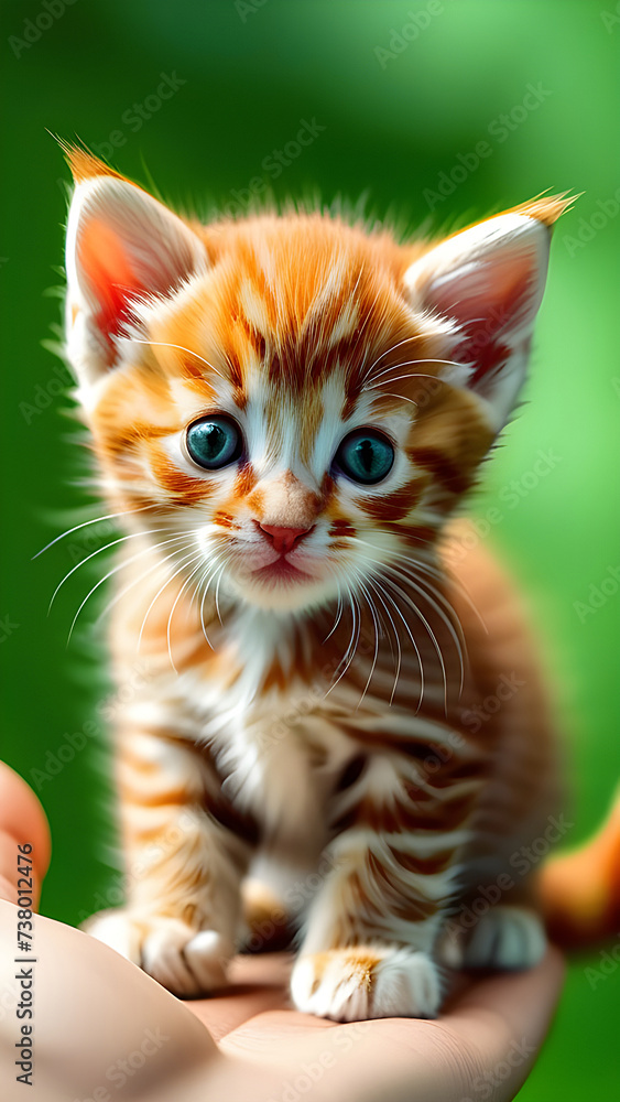 Red kitten in the palm of your hand on a green background. Red kitten in the palm of your hand on a green background.