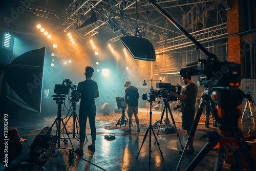 working on a film set illuminated by dramatic lighting and professional camera equipment 