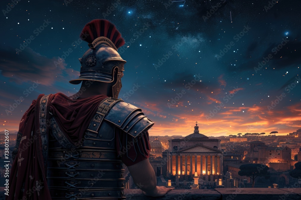 Fototapeta premium Roman soldier with his back, city of Rome in the background.