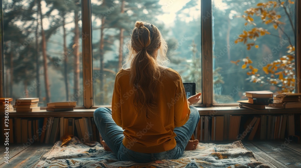Obraz premium A young woman resting at a beautiful country house or hotel, sitting with a tablet on the window sill enjoying the view of a pine forest. View from outside. Beautiful vacation destinations.