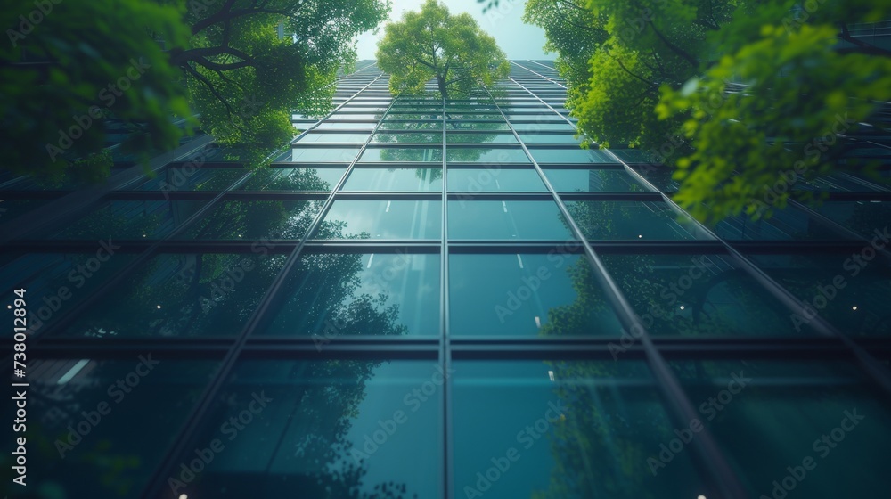 Building that reduces carbon dioxide. Sustainable green building in a modern city. Corporate building with green environments. Air-conditioning in a corporate building. - obrazy, fototapety, plakaty 